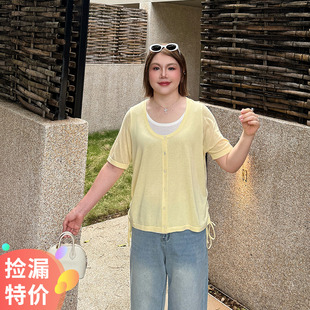 心存真大码 t恤 女装 设计感假两件抽绳上衣2025夏胖mm宽松针织短袖