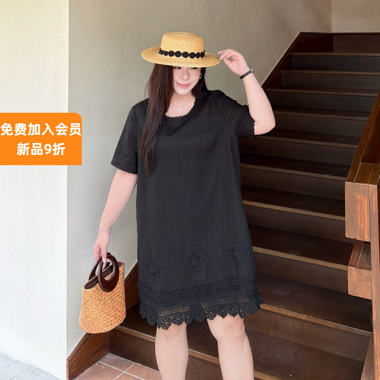 大码女装菱形块麻裙宽松显瘦百搭
