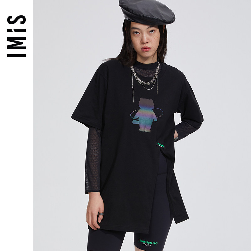 爱美丽imis商场打底棉柔镭射印领花短袖开衩上衣t恤外穿im45bhu1