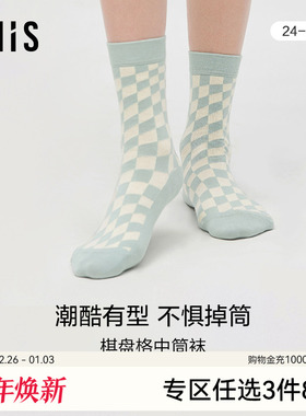 爱美丽IMIS商场女袜棋盘格印花棉感舒适不掉筒中筒袜IM94BIR1