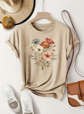 [Floral Fashion Tee] Breathable Polyester Women's Casual Fas