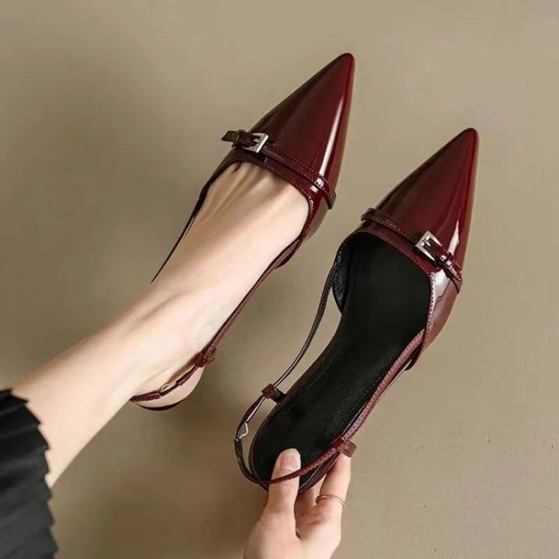 French Elegant Pointed Toe Patent Leather Closed-Toe Slingba