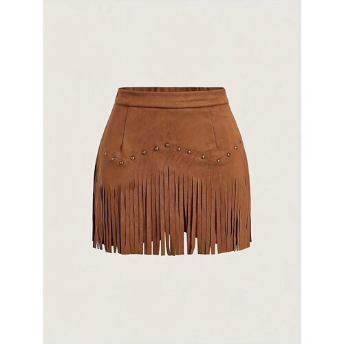 Women's Solid Color Suede Fringe Mini Skirt High Waist Studd