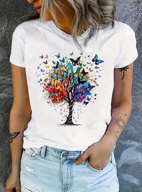 O-neck Butterfly Print Women's Crew Neck T-Shirt  Casual Sho