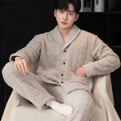 New Men's Flannel Pajama Sets Autumn and Winter Thicken Warm