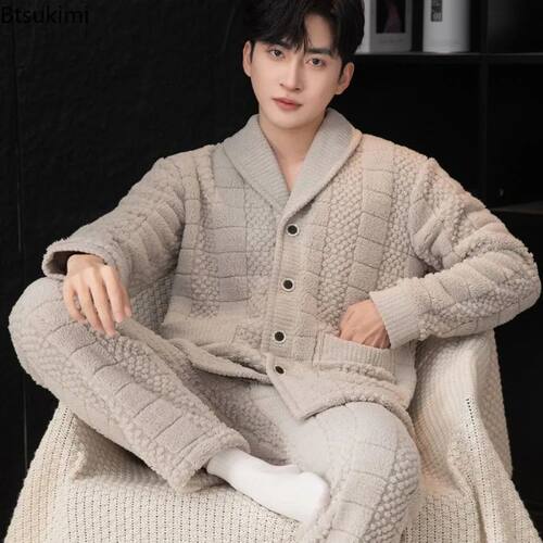 New Men's Flannel Pajama Sets Autumn and Winter Thicken Warm