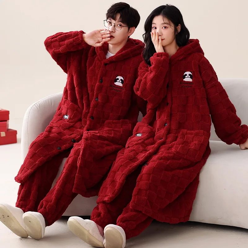 Winter Couple Pajamas Robe & Pant Women Men Warm Thicken Car