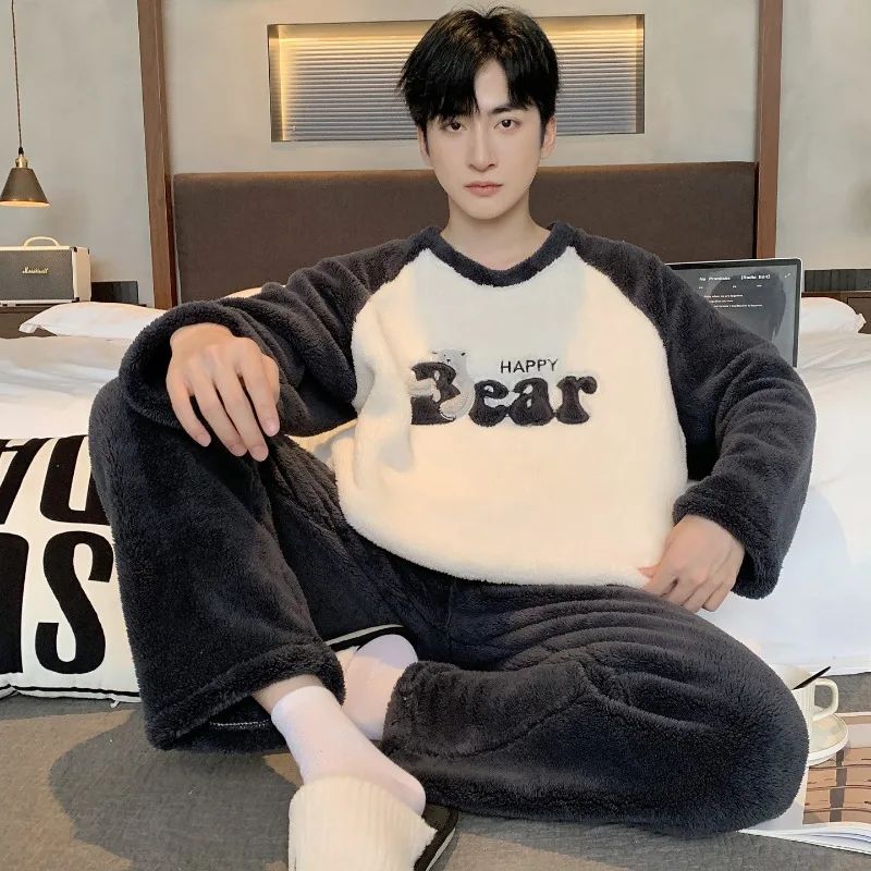 Thickened Coral Fleece Pajamas Set Men's Winter Warm Home Cl