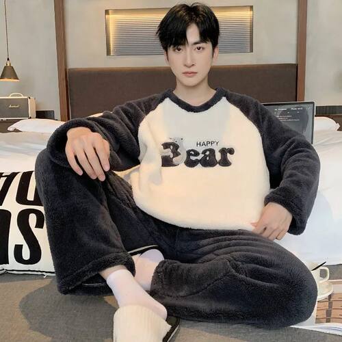 Thickened Coral Fleece Pajamas Set Men's Winter Warm Home Cl