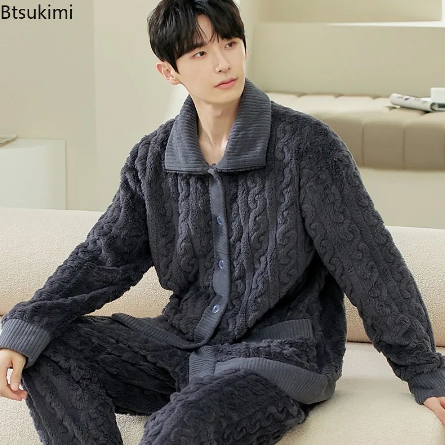 2025 Men's 2PCS Pajama Sets Autumn Winter Padded Thickened W