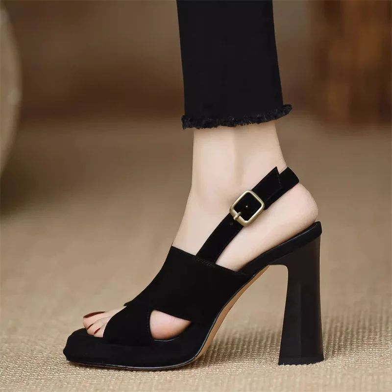 2024 Summer New One-button Sandals, Thick Open Toe Sexy Blac