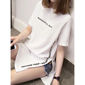 WONDERFUL DAY Print Long T shirts Summer Women Loose Slit Fe