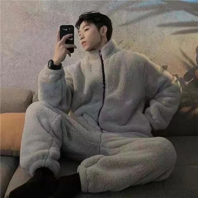 Winter New Coral Fleece Warm Man Pajamas Round Neck Cardigan
