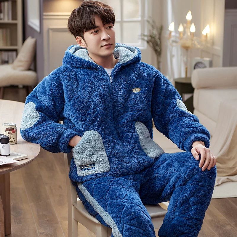 Newest L-3XL Winter Pyjamas Men Long Sleeve Flannel Sleepwea