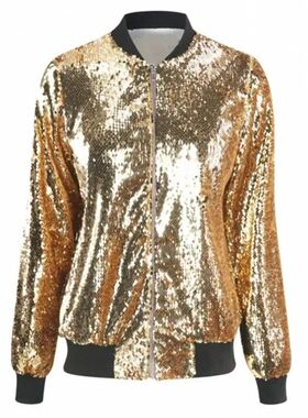 Baseball Collar Women's Gold Sequin Long Sleeve Jacket, Fash