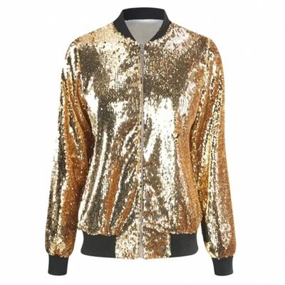 Baseball Collar Women's Gold Sequin Long Sleeve Jacket, Fash