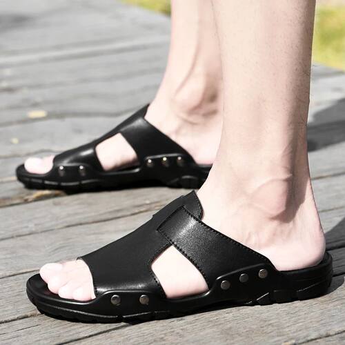 Summer Mens Leather Slippers Men Adjustable Slides Casual Sa