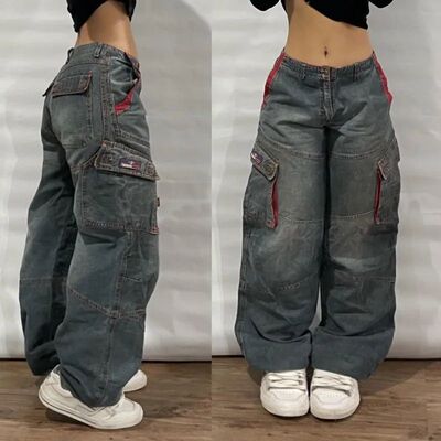 Streetwear Fashion New Multi-pocket Washed Baggy Jeans Men A