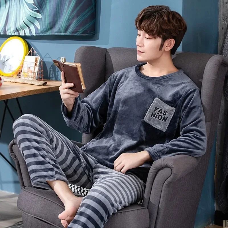 Thickened Warm Winter Flannel Pajamas Men Padded Long-Sleeve