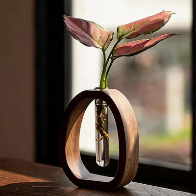 Solid wood transparent glass hydroponic flower vase made of