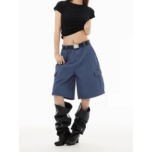 YIBASHU Women Blue Cargo Denim Shorts Y2K Japanese Harajuku