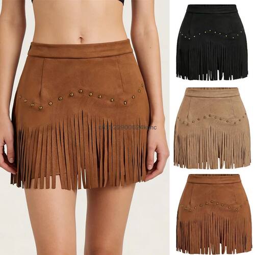 New Women Vintage Suede Fringe Mini Skirt Elegant High Waist