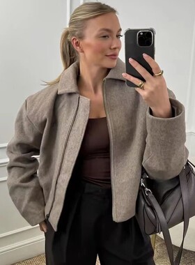 SLTNX Fashion Khaki Zipper Woolen Coat Female Elegant Lapel