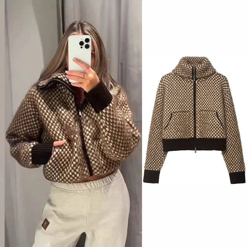 Women's Spliced Knit Short Jackets Autumn Winter Stand Colla