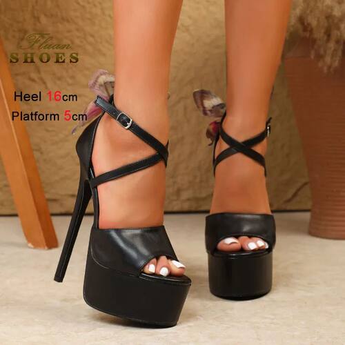 New Black Bowknot Thick Soled Sandals Women's Super High Hee