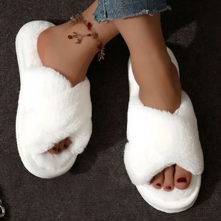 Furry Slippers Women Cross Flat Fluffy Lightweight Heel Warm