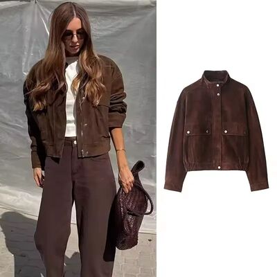Women Suede Leather Jacket with Pockets Autumn Fashion High
