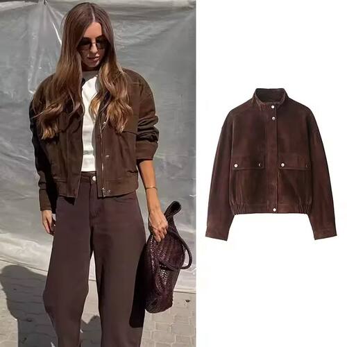 Women Suede Leather Jacket with Pockets Autumn Fashion High