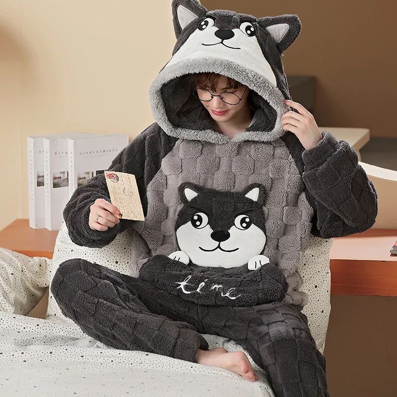 New Men Winter Thickened Coral Fleece Pajamas Set Plush Hood