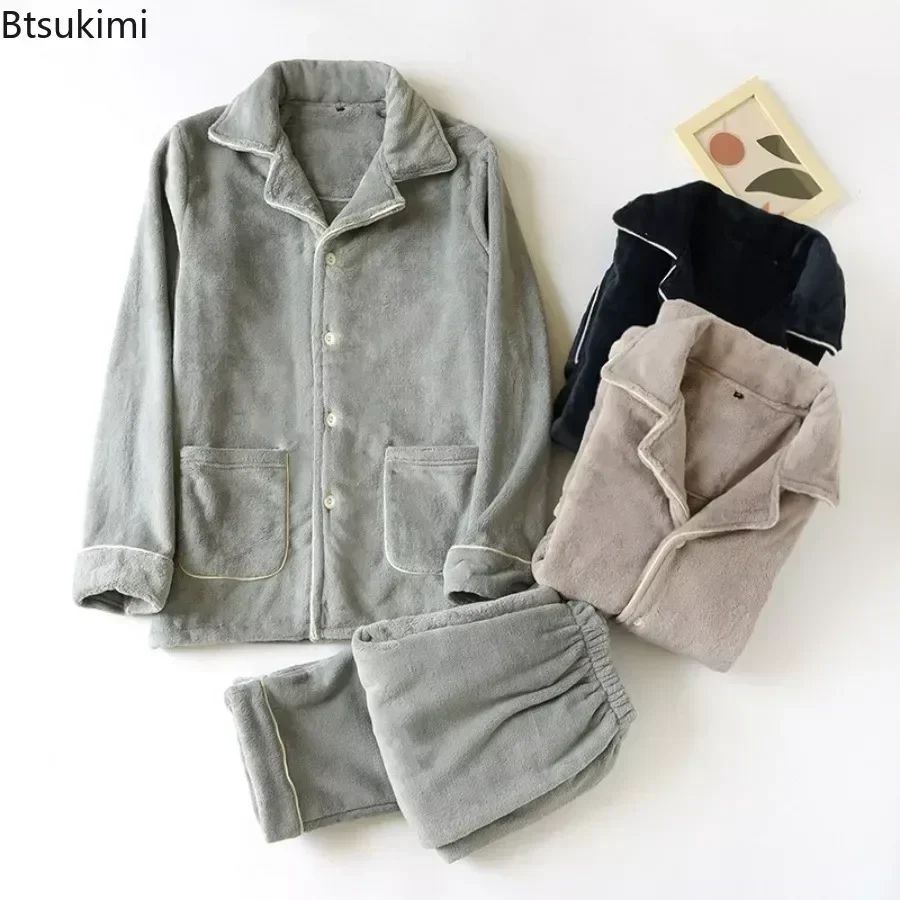 New 2025 Men's Warm Coral Fleece Pajamas Sets Sleepwear Autu