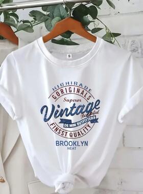 Women'S Classic White T-Shirt Vintage Print Casual Crew Neck