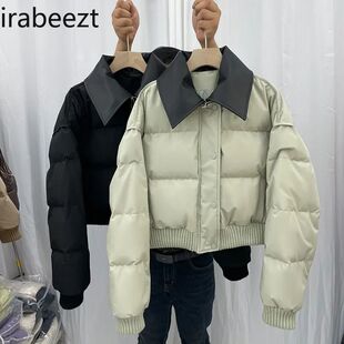 Leather Lapel Down Padded Jacket Women's Short 2024 New Kore