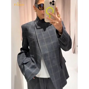 Women Irregular Plaid Blazer Jacket Fashion Stand Collar Ful