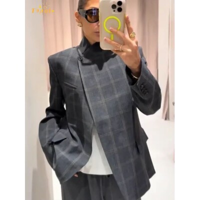 Women Irregular Plaid Blazer Jacket Fashion Stand Collar Ful