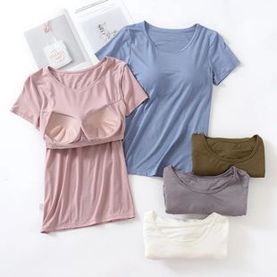 shirt Padded Women Breat Built Bra Sleeve Short Modal