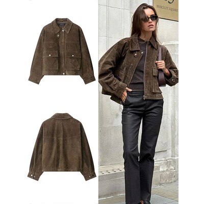 HH Women Vintage Solid Lapel Coats Long Sleeve Zipper Jacket