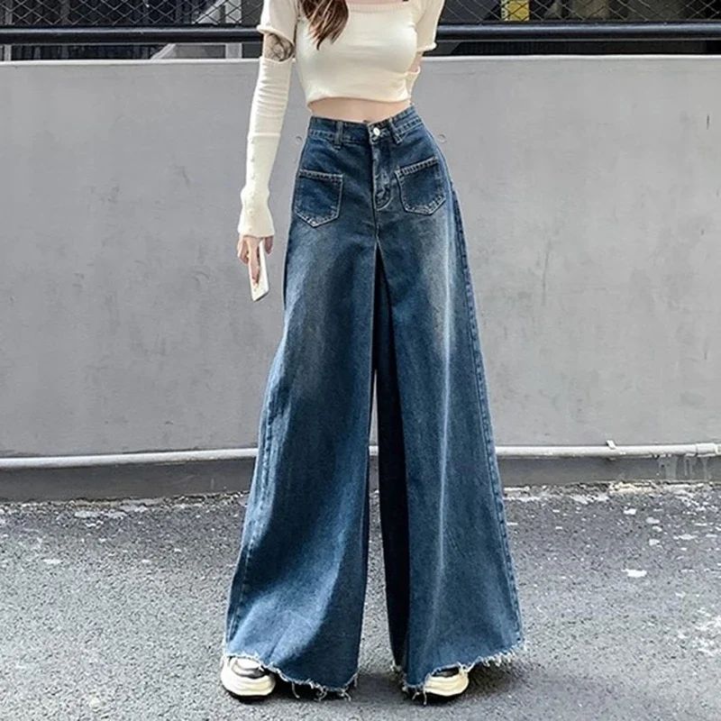Woman High Waist Vintage Designer Wide Leg Jeans Female Goth