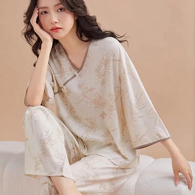 Fashion Print Women‘s Pajamas Set Casual Cotton Rayon Sleep
