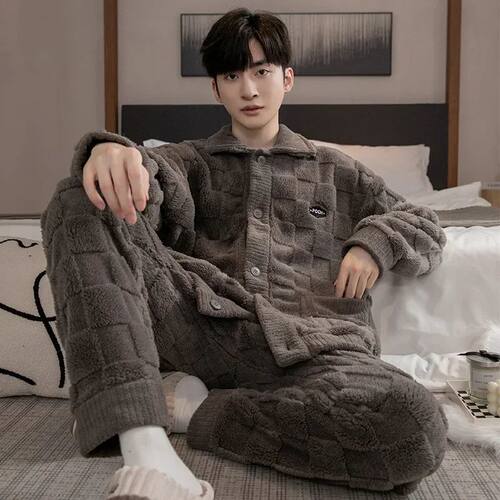Autumn and Winter Men's Pajamas Thickened Warm Long-Sleeved