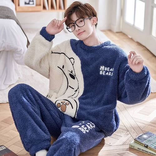 Winter Korean Men Pajamas Sets Adult Sleepwear Home Clothes