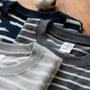 条纹T恤 男女宽松灰色系复古风短袖 新品 100%长绒棉无缝筒织海魂衫