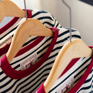 藏青暗红法风复古海魂条纹250G重磅拉架短袖T恤男女撞色宽松打底