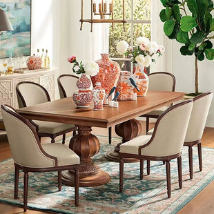 复古圆形椭圆桌子伸缩两用 美式 乡村实木餐桌椅组合长方形饭桌法式