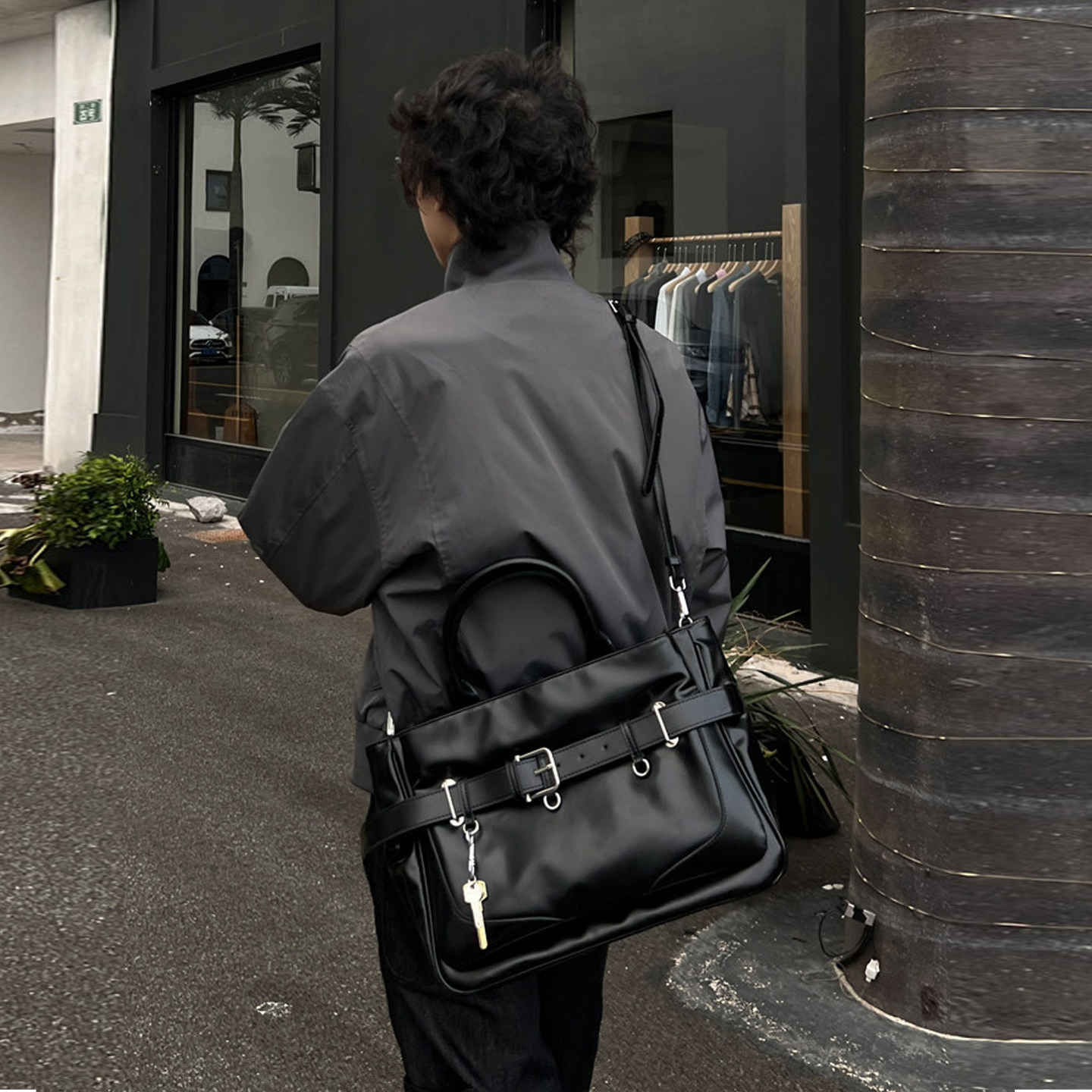 XC韩国设计款ins单肩斜挎大容量原宿托特公文包街头男女pu复古潮