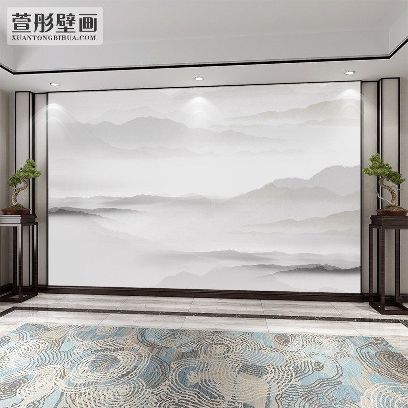 意境影视壁纸新中式淡雅水墨山水画墙布客厅电视背景墙3d壁画墙纸