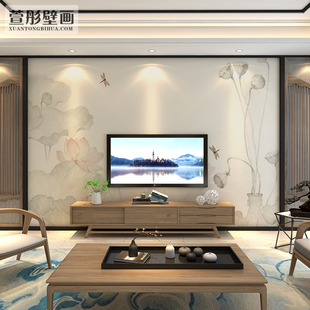 饰壁纸壁画 现代新中式 手绘荷花电视背景墙布5d客厅沙发背景墙装